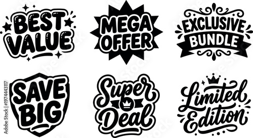 Black and white script limited edition and bold offer sale phrases vector art