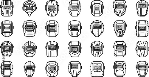 Industrial Welding Helmets Line Art Icons Set. Collection of Outline Welder Masks, Protective Gear for Construction and Metalwork Safety Equipment.