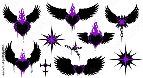 Collection of Gothic Purple Flaming Hearts with Wings and Stars.