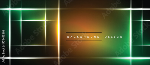 Abstract neon lines create geometric shapes. Gradient colors blend from green to orange. Dark background emphasizes bright illumination.