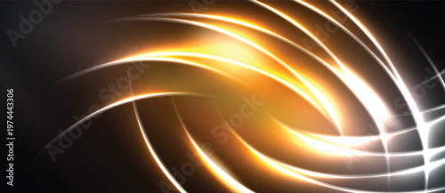 Abstract design features bright orange, white lines against dark background. Dynamic curves create swirling, energetic visual effect.