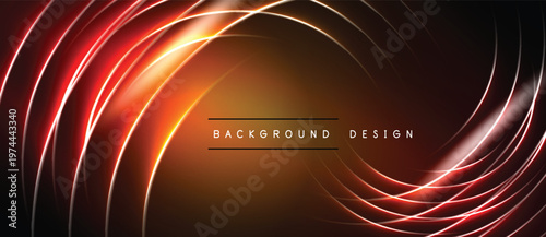 Dynamic orange lines create swirling vortex effect. Dark background emphasizes bright neon glow, modern design element.