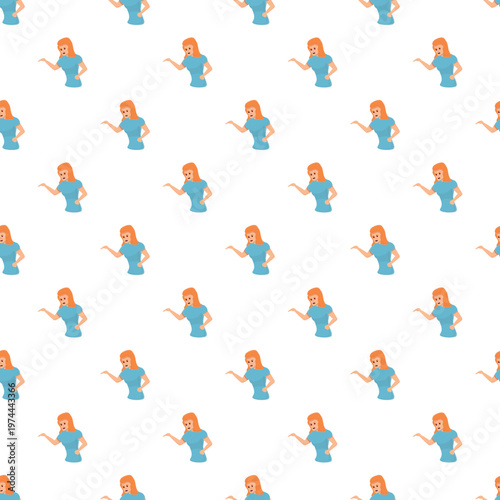 Seamless pattern featuring a cartoon woman in a blue shirt gesturing and shouting