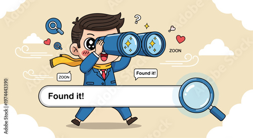 Man with binoculars searching for information online, finding success with a search bar and magnifying glass