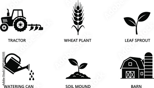 Black silhouette farming icons set featuring tractor, wheat plant, leaf sprout, watering can, soil mound, and barn representing agriculture, crop cultivation, and rural lifestyle illustration
