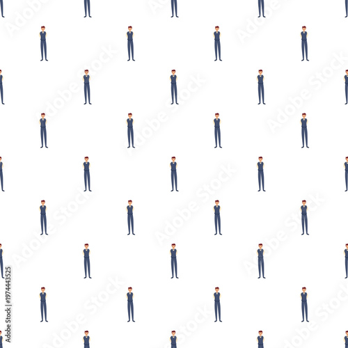 Male character in blue uniform creating a minimalist repeating pattern on a white background