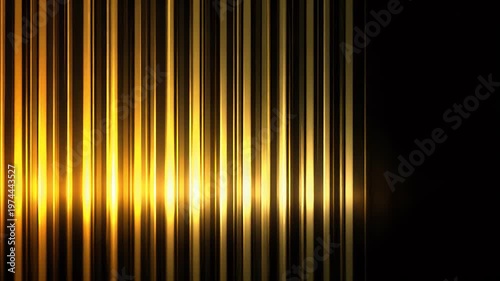 Abstract gold background with vertical glowing bars and metallic lines moving across dark scene for luxury branding and premium motion design projects featuring elegant golden light reflections.