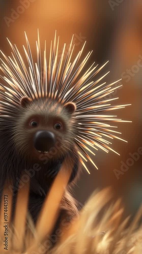 Porcupine foraging in golden grassland nature scene wildlife close-up view