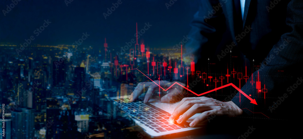 Fototapeta premium the scene is a glowing red candlestick chart and a sharp downward-pointing arrow, signaling a significant drop in market value or stock prices. with a modern corporate skyscraper.