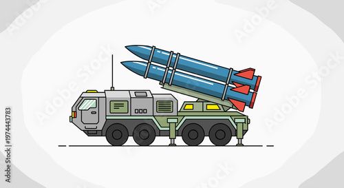 Military missile launcher vehicle with dual blue projectiles and red fins, featuring a robust gray cabin, olive green chassis, and deployed stabilizers, rendered with clean lines