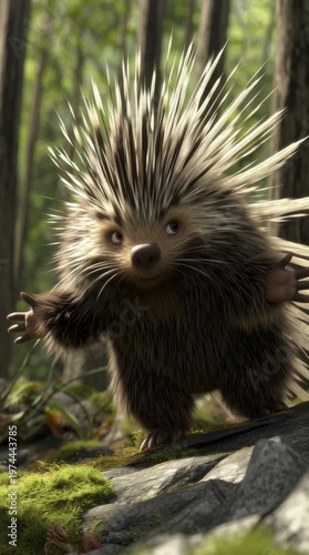 Playful porcupine's whimsical adventure in a lush forest close-up animation