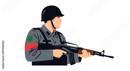 Serious soldier wearing helmet and uniform, holding rifle with determined expression, featuring clean lines, distinct shapes, and a muted color palette of grays, blacks, and