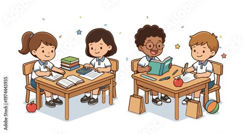 Group of diverse cute students studying in pairs at desks, children learning together in classroom