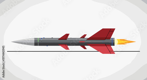 Sleek, modern missile with sharp fins and bright flame exhaust, rendered with clean lines and bold red accents, symbolizing advanced propulsion, swift travel, and powerful