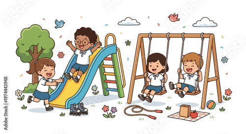 Cute children in school uniform enjoying playtime at the park with slide, swings, and jump rope, flat vector