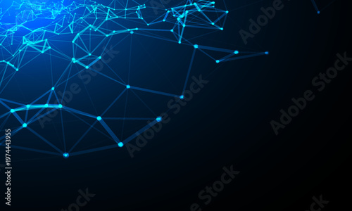 Abstract dark background with glowing blue digital network dots and lines representing global connectivity big data and neural technology.
