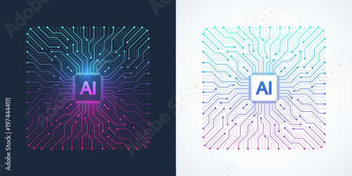Modern handmade vector icon, sign, logo circuit line style in the Artificial intelligence concept. Set AI processor icon flat design. Motherboard digital chip AI.