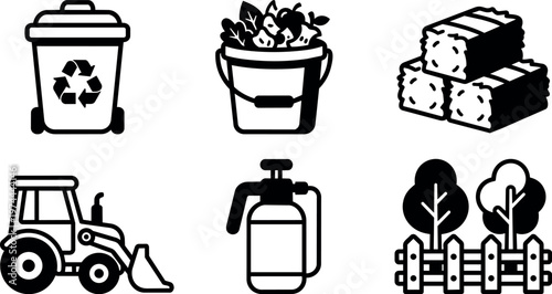 Black and white agriculture tools bucket with vegetables tractor and garden fence icons