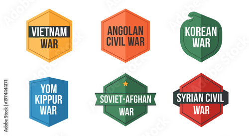 Collection of distinct historical conflict emblems featuring bold typography and clean geometric shapes in vibrant, contrasting color palettes, representing vietnam war, angolan