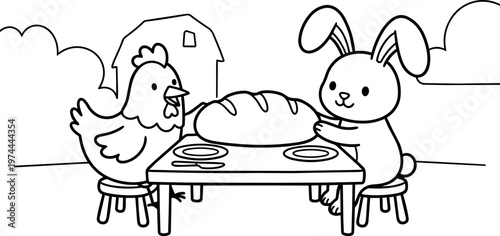 Black and white line art rabbit and chicken sitting at table with large loaf of bread