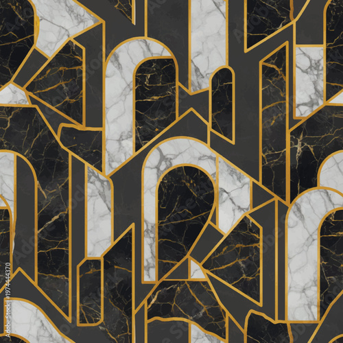 Luxury Art Deco seamless pattern with geometric arches with black and white marble textures and gold outlines. Elegant 1920s architectural style for premium wallpaper and interior design.