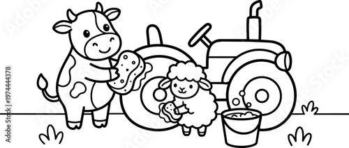 Cute cow and sheep washing tractor line art vector illustration