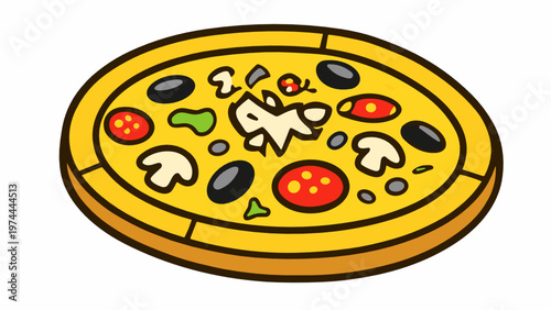 Whole pizza illustration topped with pepperoni, olives, mushrooms and herbs. Flat vector food icon isolated on a transparent background for menu design, delivery apps and takeaway ads.