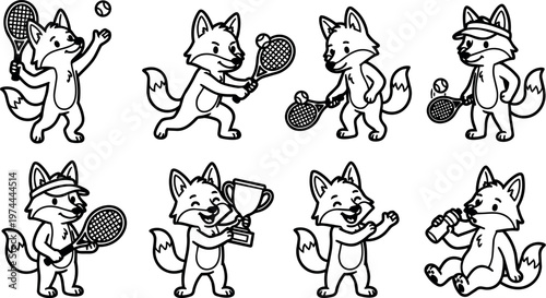 Black and white fox characters playing tennis holding rackets and trophies line art