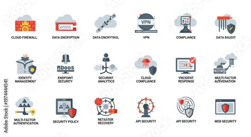 Cybersecurity icons collection featuring cloud firewall, data encryption, vpn, compliance monitoring, identity management, endpoint protection, analytics, and web security,