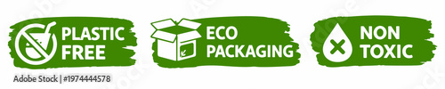 A set of green eco badges highlights plastic free, eco packaging, and non toxic claims. Clean vector label collection isolated on a transparent background for sustainable branding.