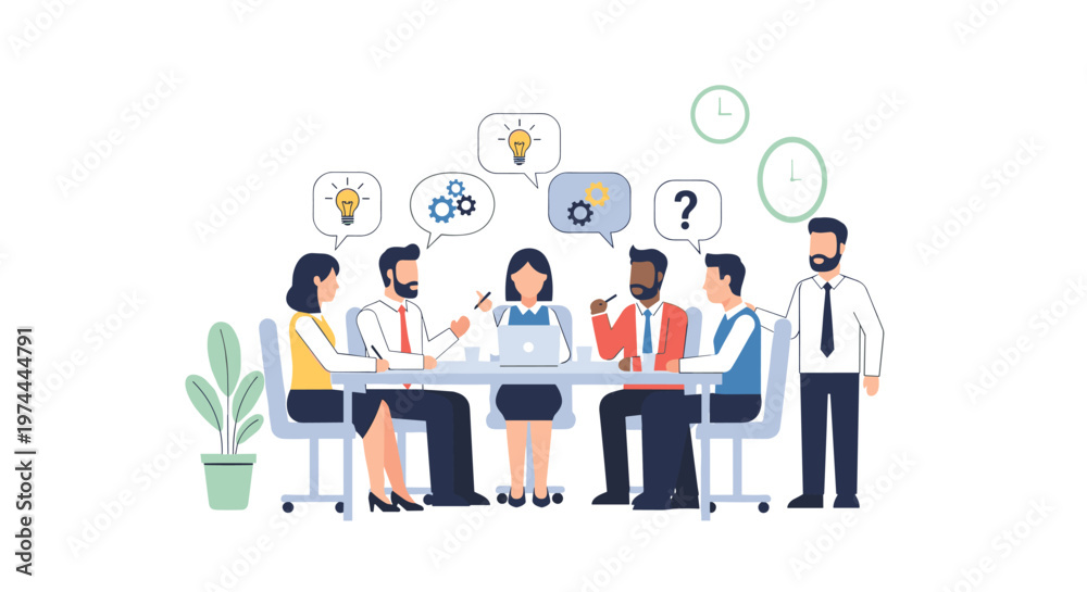 Naklejka premium Diverse team collaborates around a table, brainstorming ideas with lightbulbs, gears, and question marks visualized in speech bubbles, symbolizing innovation and problem-solving