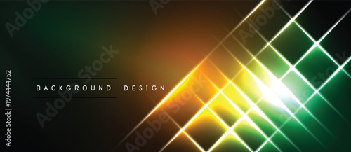 Abstract geometric lines create vibrant glow. Gradient transitions from green to orange dominate composition. Bright light radiates center.