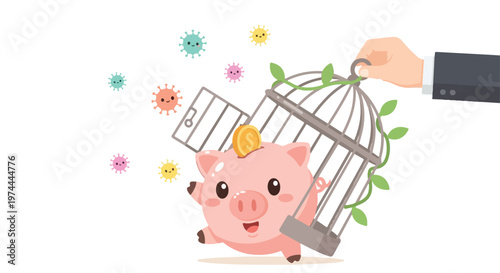 Cute piggy bank escaping from an open birdcage with colorful virus germs flying