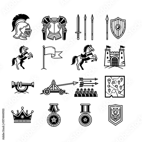 Medieval battle icons collection featuring a knight's helmet, full armor, swords, spears, shield, rearing horse, battle flag, castle, trumpet, catapult, arrows, soldiers, map,
