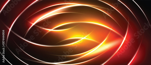 Bright energy swirls, glowing lines form abstract circular pattern. Warm colors dominate dark background. Intense light radiates center.