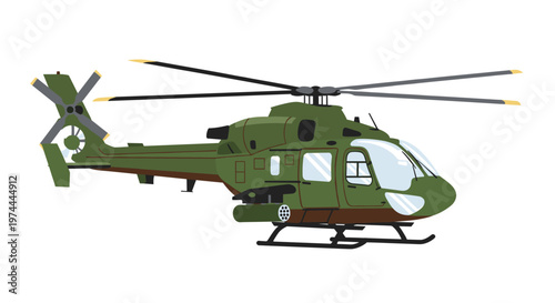 Military attack helicopter, a green aerial vehicle with rotor blades, windows, and landing gear, depicted with clean lines and bold shapes for versatile commercial applications.