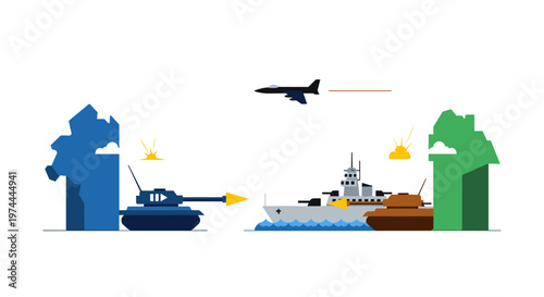 Military conflict depicted with a blue tank aiming at a grey battleship, an orange tank positioned near the ship, and a jet flying overhead, symbolizing land, sea, and air forces