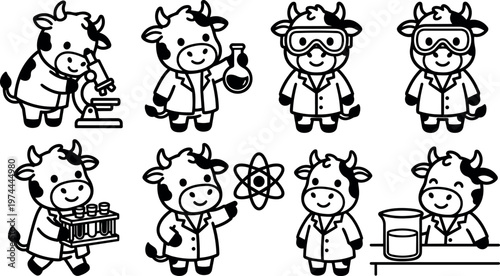 Black and white vector art scientist cows conducting experiments with laboratory equipment