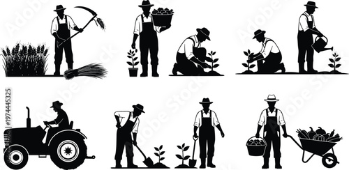 Black silhouette farming illustration showing farmer planting, watering, harvesting, digging, driving tractor, and transporting produce with wheelbarrow representing agriculture, ru