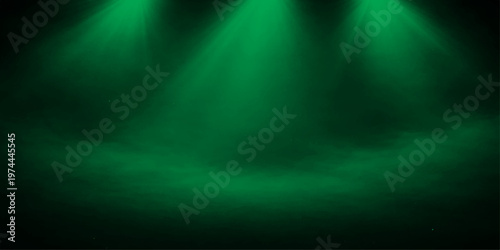 Abstract a captivating theatrical atmosphere bathed in an ethereal green glow and diffused by smoky fog, the stage is set for a dramatic performance. 