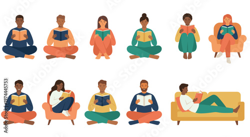 Individuals of diverse backgrounds reading books while sitting in lotus position on floor, comfortable chairs, and beanbags. Focus on relaxed reading.