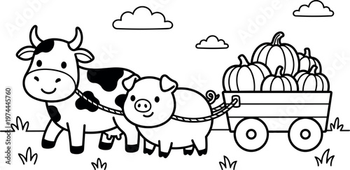 Black and white line art cow and pig pulling wagon with pumpkins