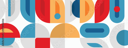 Abstract geometric pattern. Overlapping shapes create midcentury modern aesthetic. Colors include blue, red, orange, gray. Simple design.