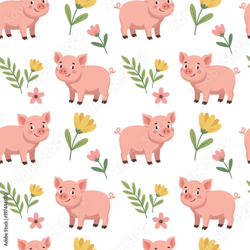 Seamless pattern with cute pink pigs and spring flowers on white background