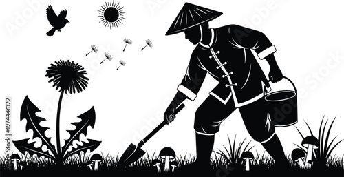 Black silhouette gardening illustration with farmer wearing conical hat watering plants, digging soil, mushrooms, dandelion seeds, bird, and sun representing rural agriculture and nature interaction