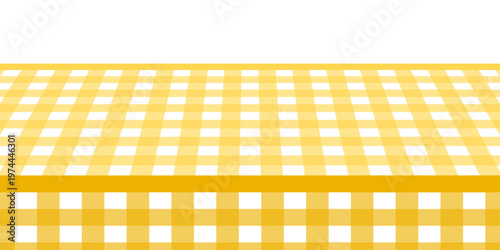 Picnic or kitchen table surface with checkered yellow and white gingham tablecloth. Perspective view. Italian cafe or restaurant interior element. Breakfast or dinner background. Vector illustration.