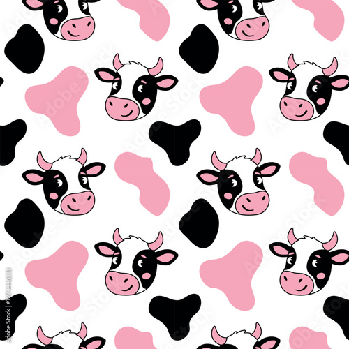 Cute cow head seamless pattern with black and pink spots on white background