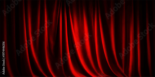 Abstract opulent red velvet curtains, dramatically draped and softly illuminated, evoke a sense of anticipation and glamour, hinting at the performance behind.