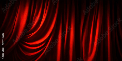 Abstract close-up captures a mesmerizing red curtain, its luxurious folds and cascading shadows creating an atmosphere of mystery and anticipation. It is the beginning of something great. 