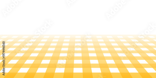 Picnic or kitchen table surface with checkered yellow and white gingham tablecloth. Perspective view. Italian cafe or restaurant interior element. Breakfast or dinner background. Vector illustration.